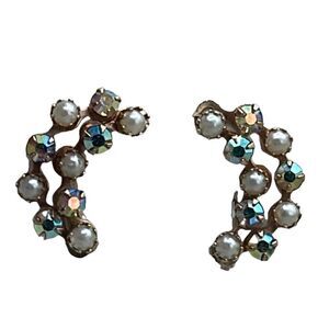 Vintage climber clip style earrings with AB stones and faux pearls.